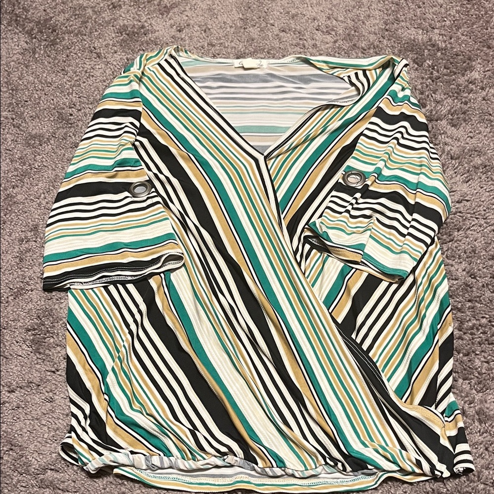 Chic Striped V-Neck Blouse in Teal and Gold